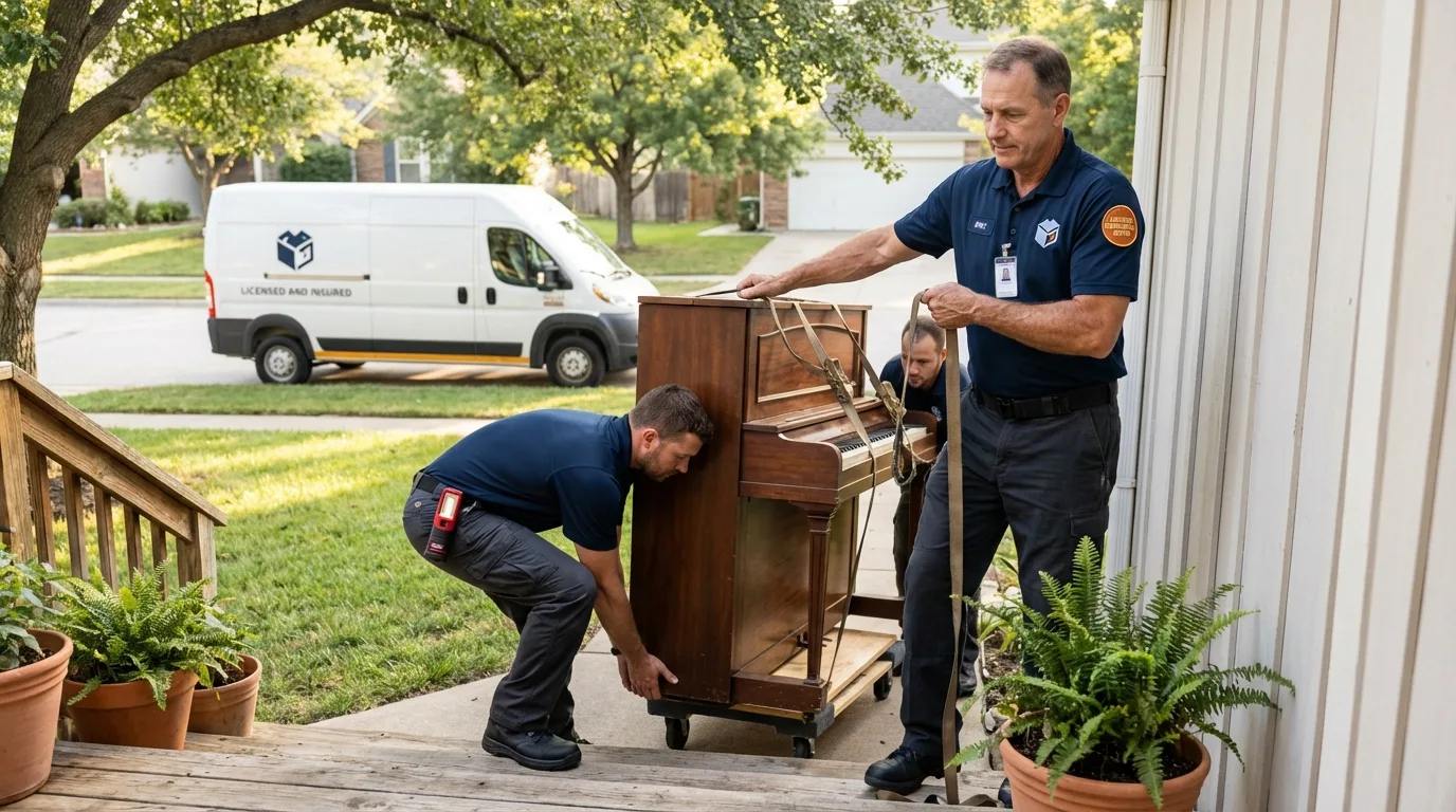 Licensed piano movers securing grand piano in Iona, ID