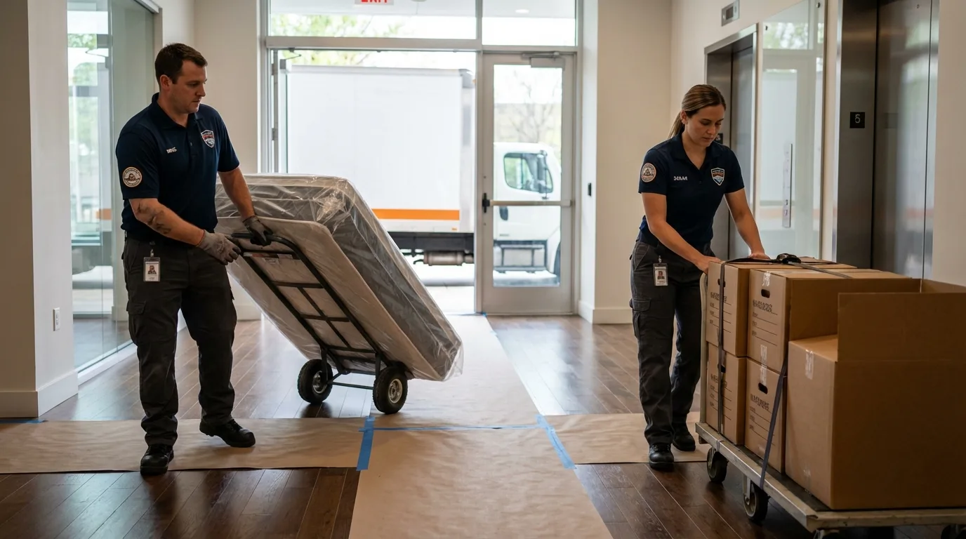 Professional apartment movers loading elevator in Iona, ID